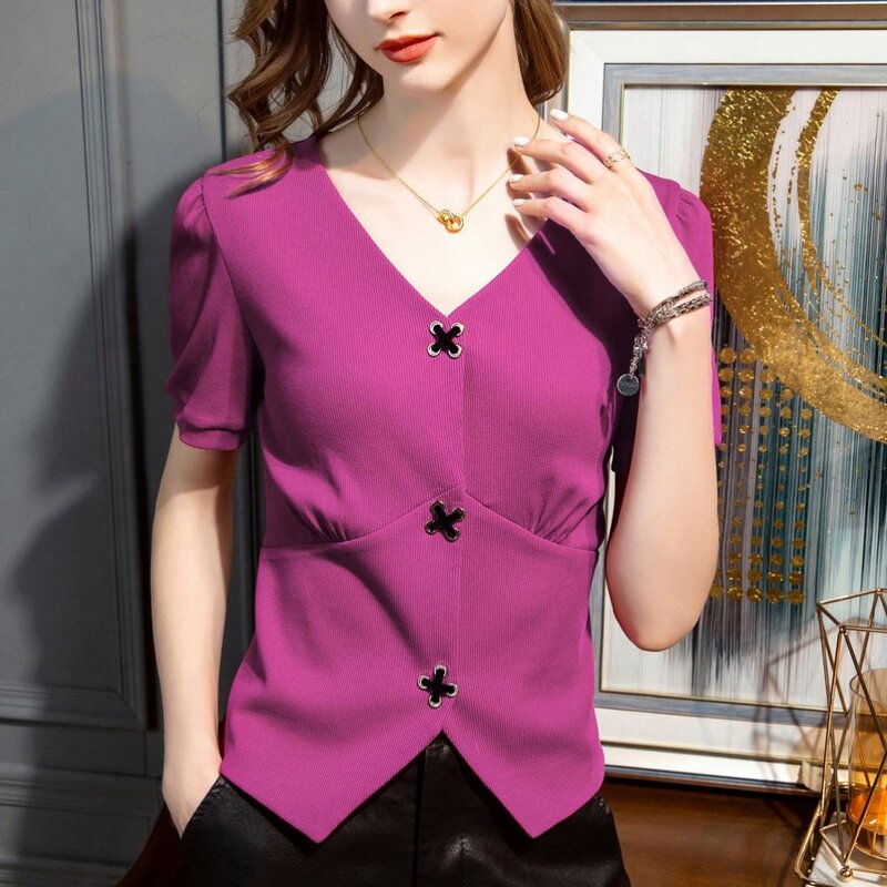 T-shirt Manufacturer - V-neck 80% Cotton French Cross Button Irregular