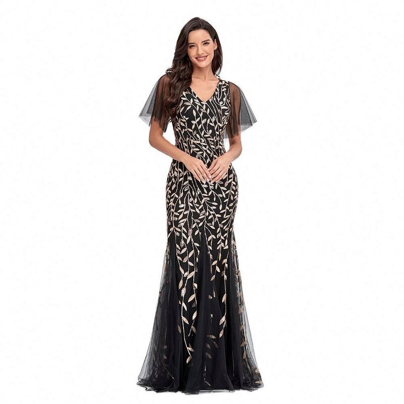 Evening Dress Manufacturer - V-neck Ruffle Golden Leaf Mesh Mermaid