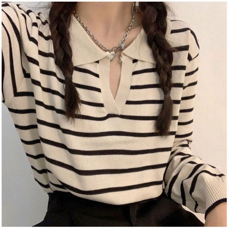 Knit Top Manufacturer - Striped Lapel V-Neck Black White