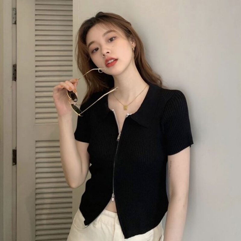 Knit Top Manufacturer - Short Sleeve Double Zipper Lapel Cardigan