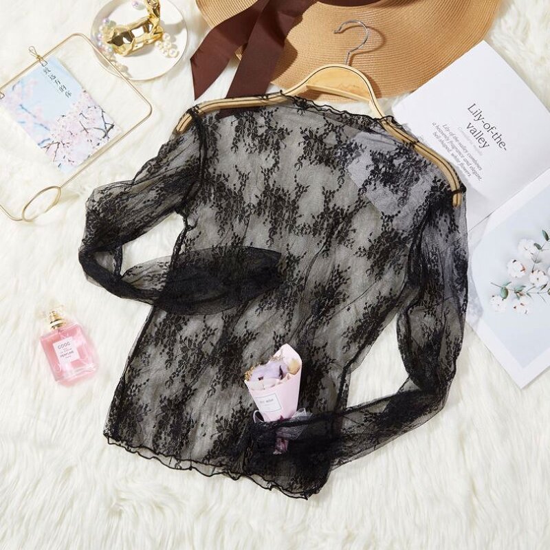 Blouse Manufacturer - Lace Transparent Mesh Stand Collar Slim T-shirt