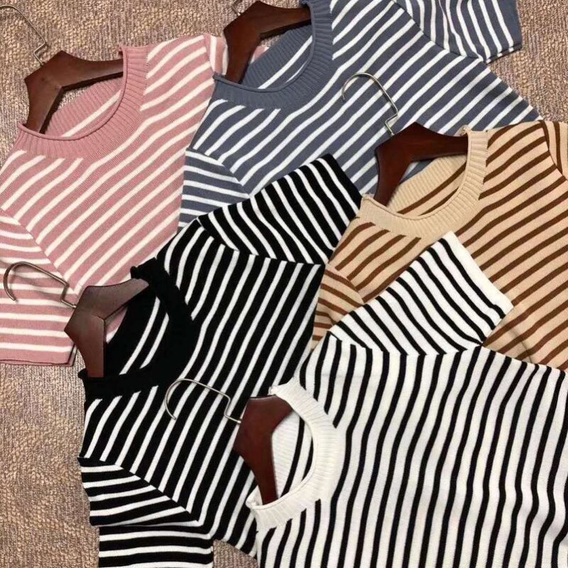 T-shirt Manufacturer - Short Sleeve Striped Knit Round Neck