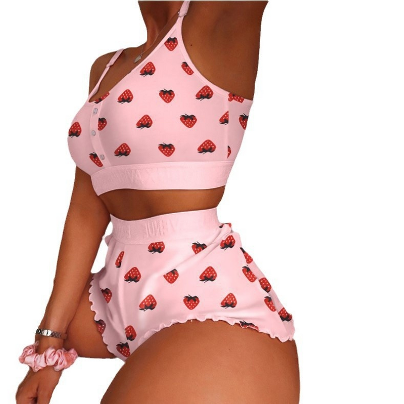 Pajamas Manufacturer - Plus Size Printing Suspender V-Neck Thin