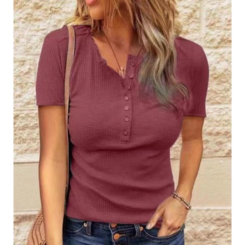 T-shirt Manufacturer - Simple Design Loose U-neck Button Short Sleeve