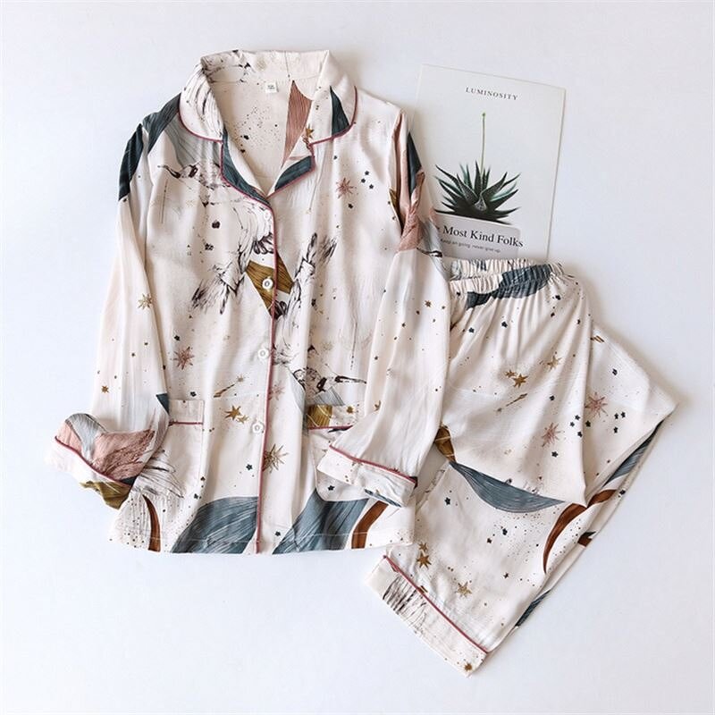 Sleepwear Set Manufacturer - Cardigan and Pants Printed Cotton