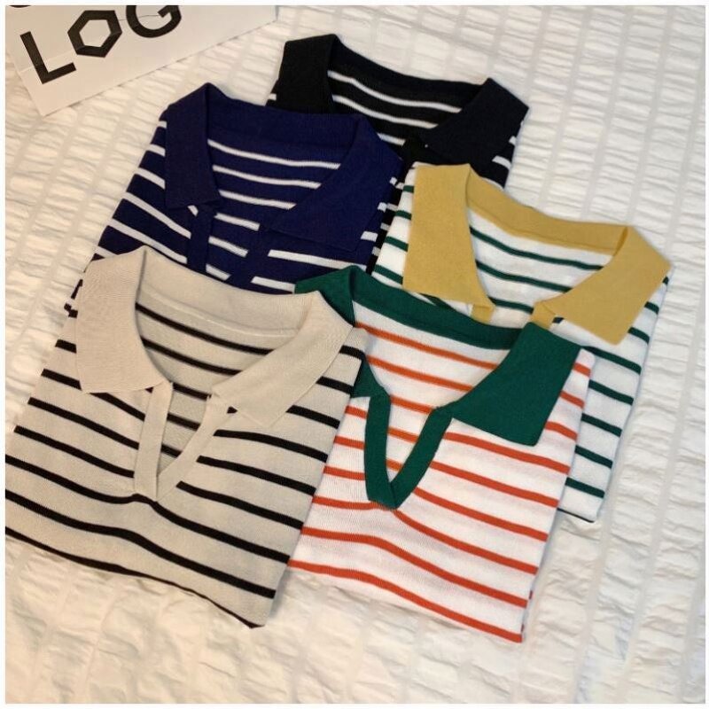 Knit Top Manufacturer - Striped Lapel V-Neck Black White