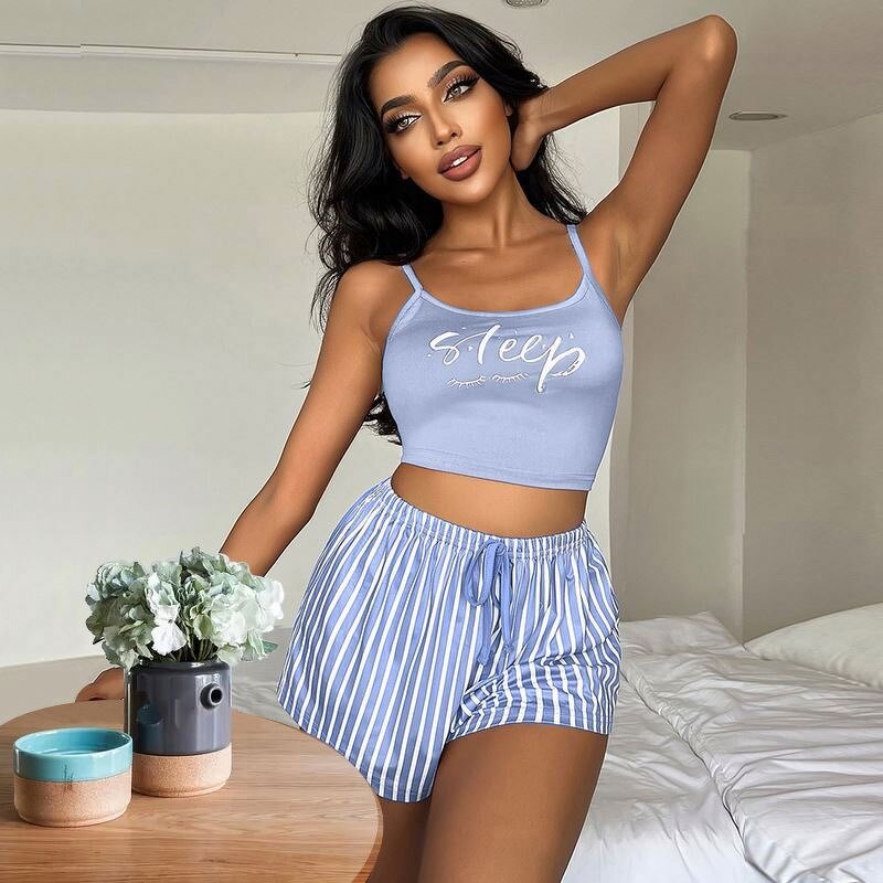 Pajama Set Manufacturer - 2 Piece Letters Print Vest Striped Shorts