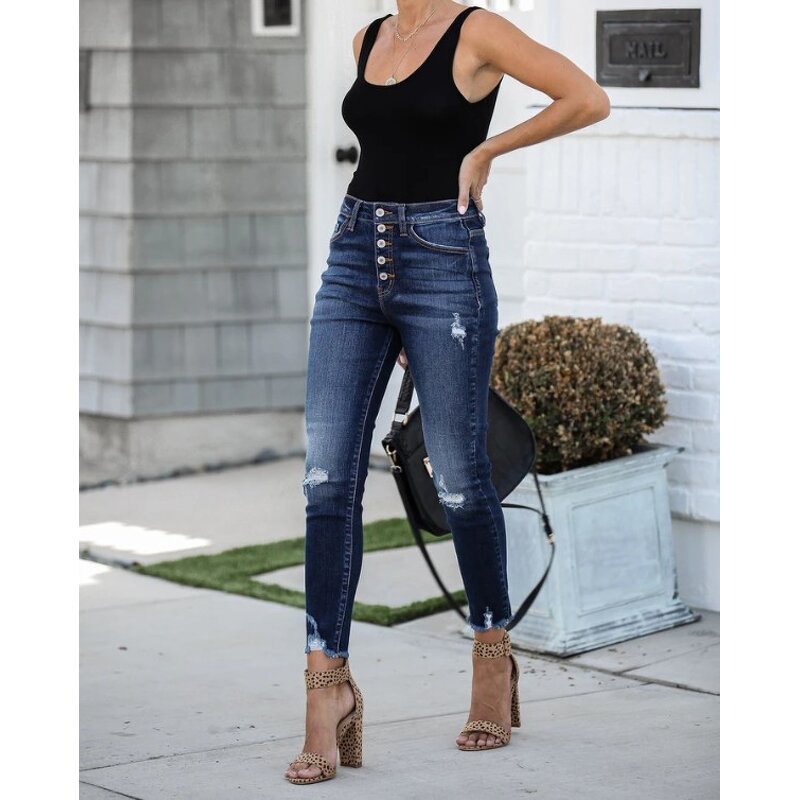 Jeans Manufacturer - Mid Waist Retro Breasted Elastic Ripped