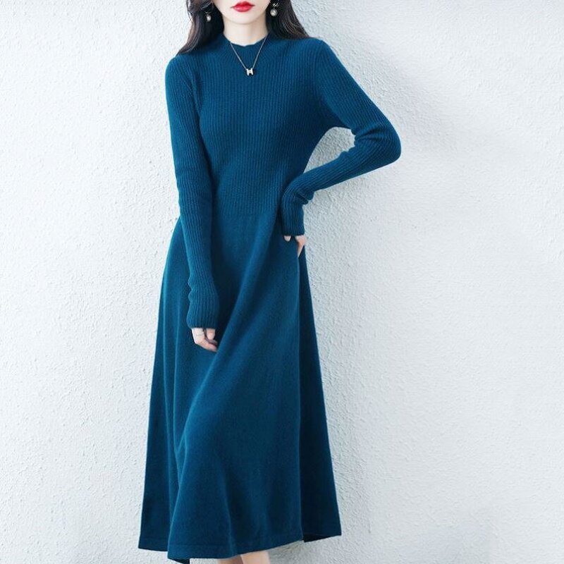 Dress Manufacturer - Long Sweater Knit O-neck A-line Midi