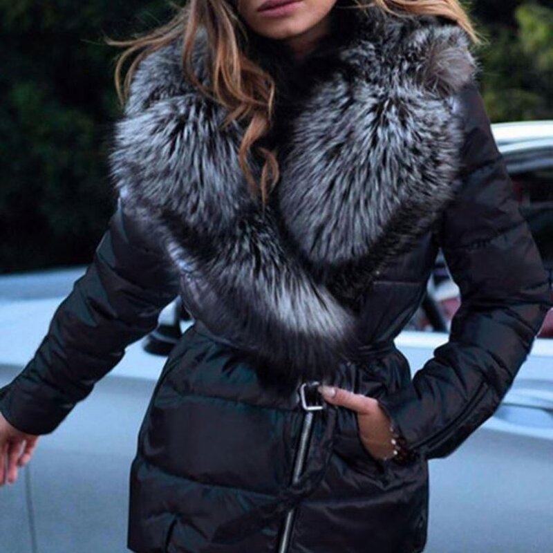 Padded Coat Manufacturer - Big Fur Collar Zipper Belt Plus Size