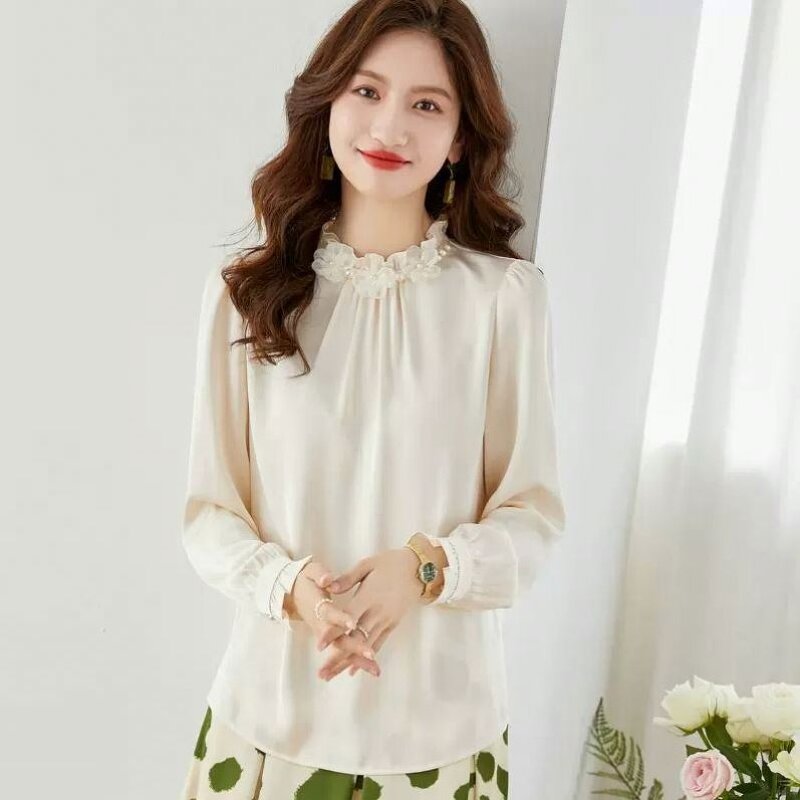 Blouse Manufacturer - Stand Collar Petal Satin Pleated Lace Pullover