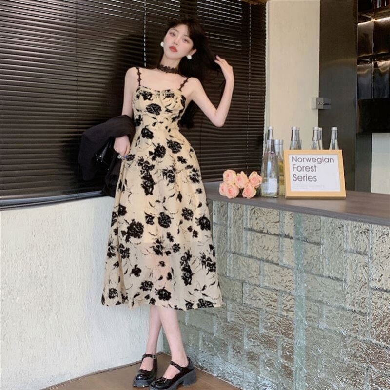 Dress Manufacturer - Sexy Slip Black Flower Retro Backless Midi