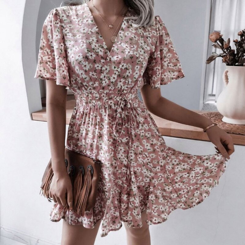 Dress Manufacturer - Chiffon Sexy Floral V-neck Slim Short