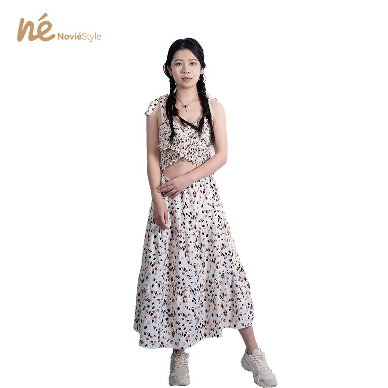 Women's Midi Dress - Manufacturer - Custom Printed Hollow Bow Tie Shoulder Strap Woven Summer