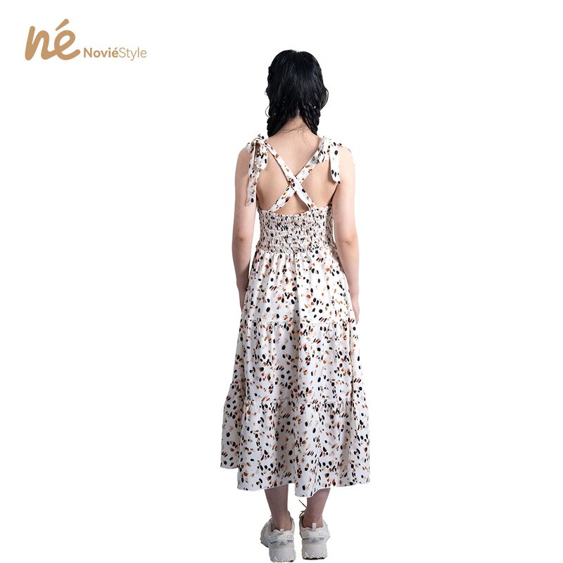 Women's Midi Dress - Manufacturer - Custom Printed Hollow Bow Tie Shoulder Strap Woven Summer