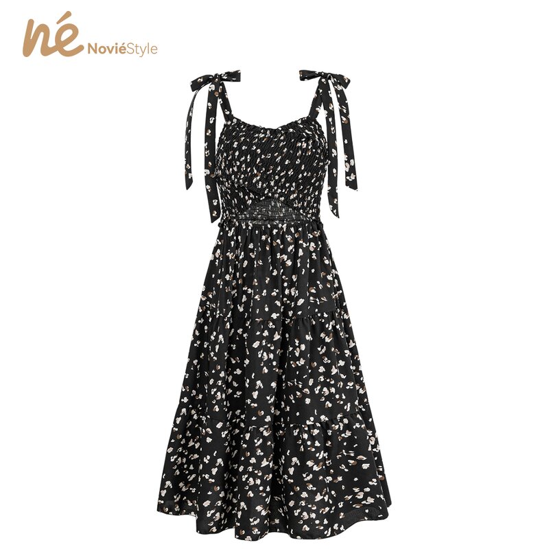 Women's Midi Dress - Manufacturer - Custom Printed Hollow Bow Tie Shoulder Strap Woven Summer