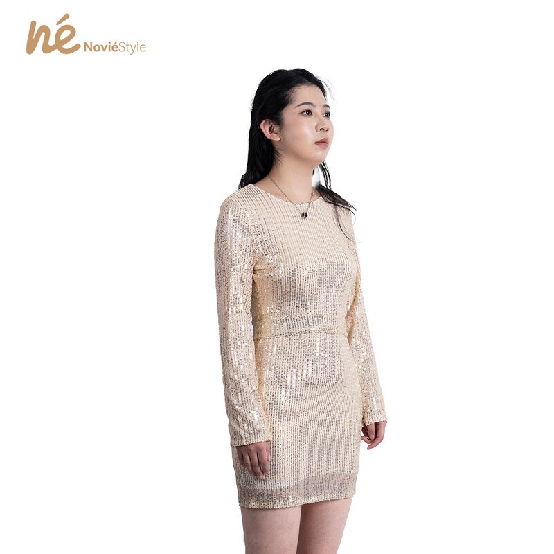 Women's Dress - Manufacturer - Long Sleeve Mini Sequin Evening Tie Waist Solid Eco Worsted