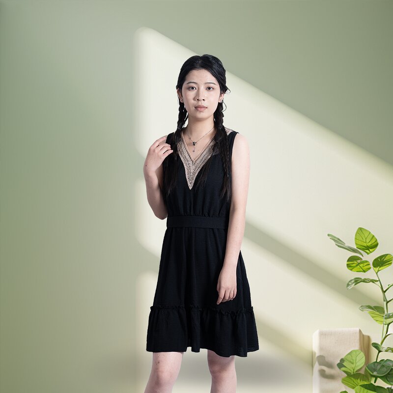 Women's Waist Dress - Manufacturer - 2025 Summer XL V-Neck Sleeveless Lace Solid Eco Breathable