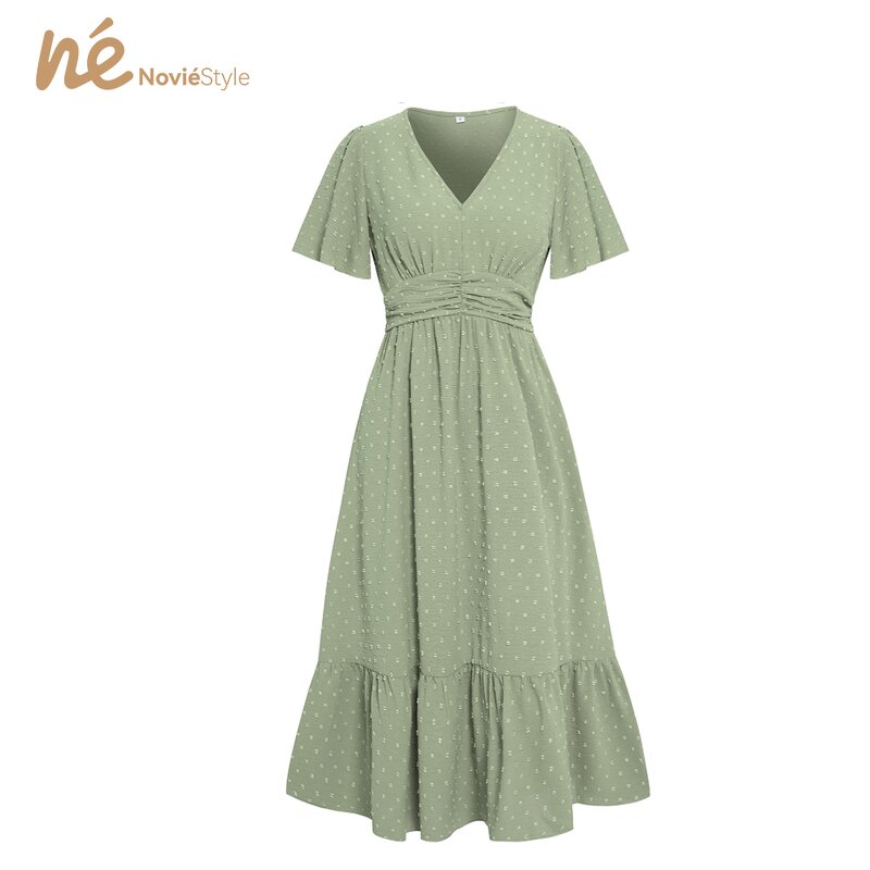 Women's Dress - Manufacturer - 2025 Summer V-Neck Ruffle Dot High Waist Office Casual