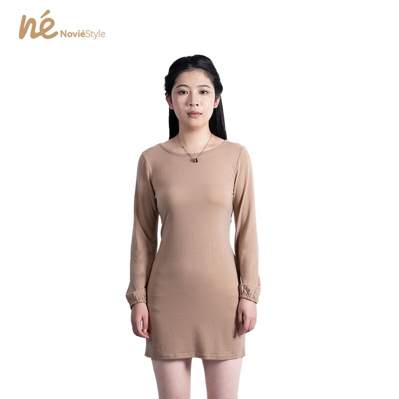 Women's Midi Dress - Manufacturer - Custom O-Neck Lantern Sleeve Ribbed Knit Casual Pullover