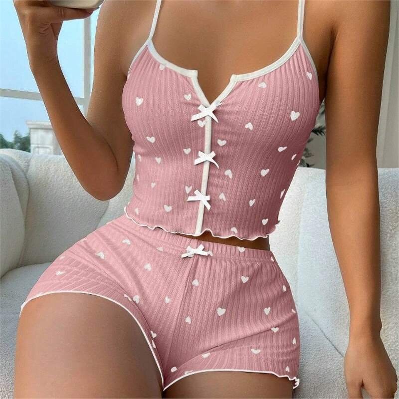 Women's Pajamas - Manufacturer - Wholesale Plus Size Heart Print Contrast Suspender Casual