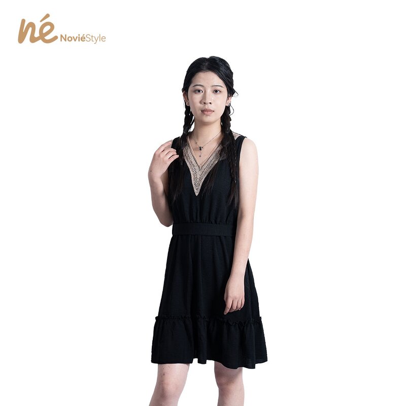 Women's Waist Dress - Manufacturer - 2025 Summer XL V-Neck Sleeveless Lace Solid Eco Breathable