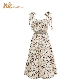 Women's Midi Dress - Manufacturer - Custom Printed Hollow Bow Tie Shoulder Strap Woven Summer