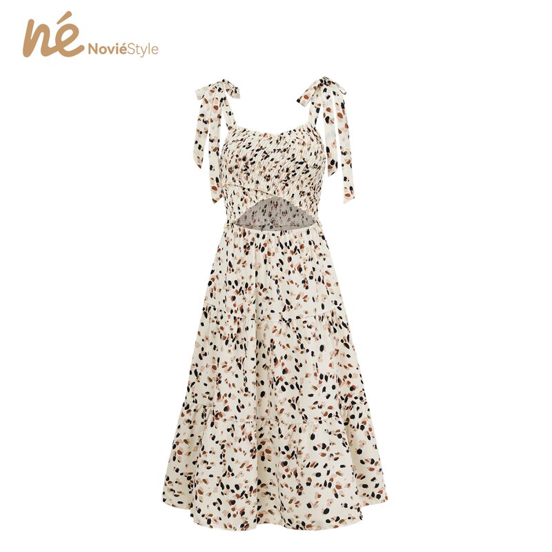 Women's Midi Dress - Manufacturer - Custom Printed Hollow Bow Tie Shoulder Strap Woven Summer