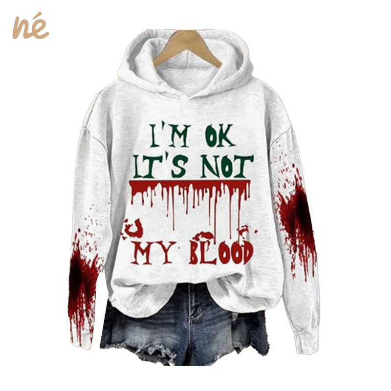 Women's Hoodie - Manufacturer - Halloween Bloodstained Clown "I'm Ok" Long Sleeve Crewneck