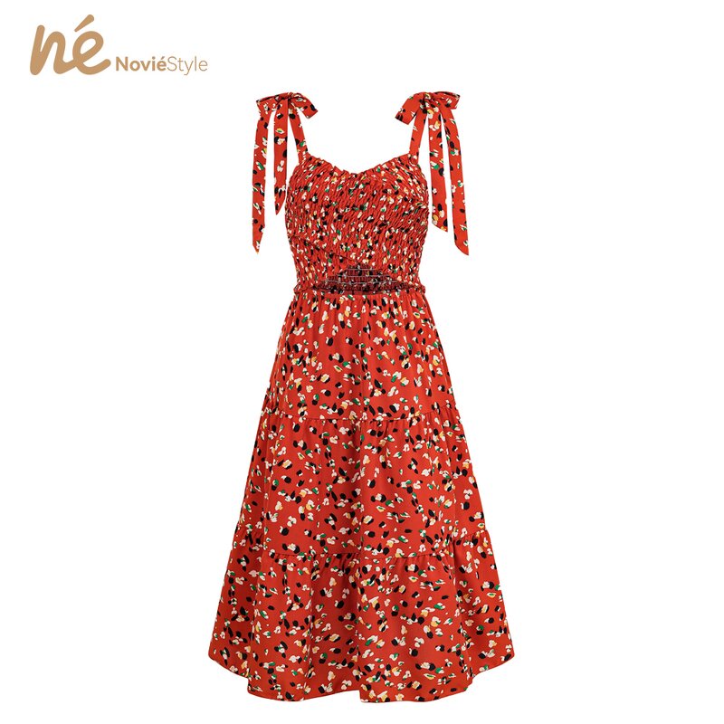 Women's Midi Dress - Manufacturer - Custom Printed Hollow Bow Tie Shoulder Strap Woven Summer