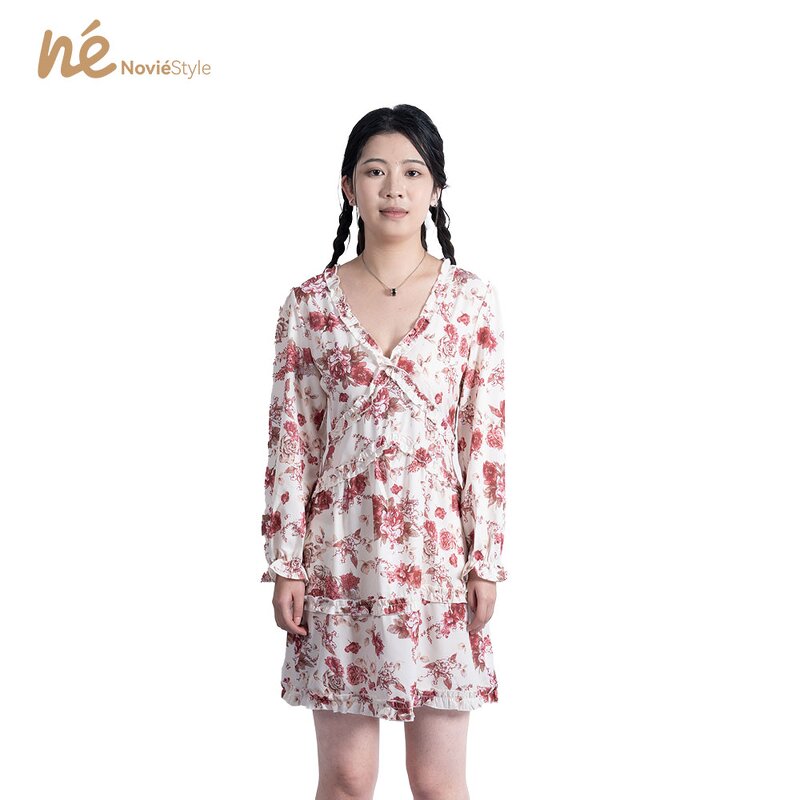 Women's Dress - Manufacturer - Floral Chiffon Wrapped Neck Long Sleeve Lace Summer Woven