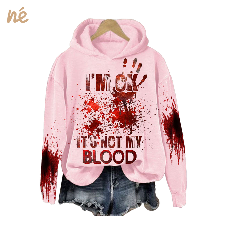 Women's Hoodie - Manufacturer - Halloween Bloodstained Clown "I'm Ok" Long Sleeve Crewneck