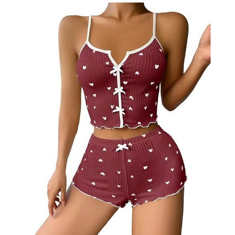 Women's Pajamas - Manufacturer - Wholesale Plus Size Heart Print Contrast Suspender Casual