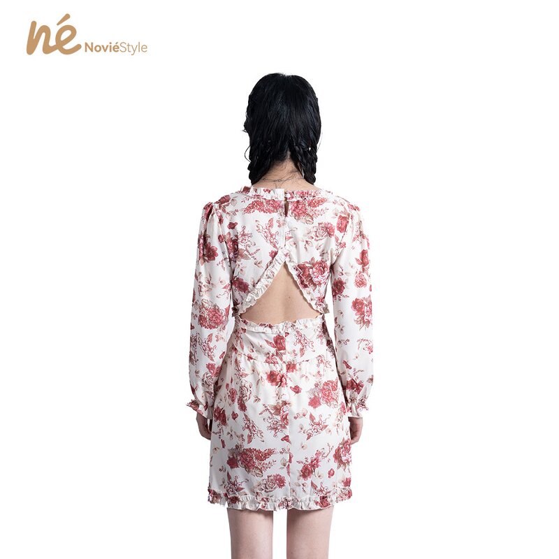 Women's Dress - Manufacturer - Floral Chiffon Wrapped Neck Long Sleeve Lace Summer Woven