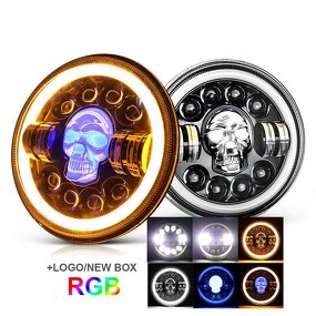 Motorcycle Headlight - Manufacturer - Skull 7 Inch H4 DRL Angel Eye 12V 8000 Lumens Wrangler