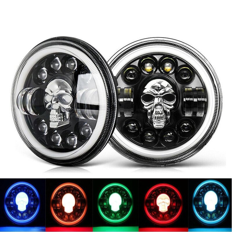 Motorcycle Headlight - Manufacturer - Skull 7 Inch H4 DRL Angel Eye 12V 8000 Lumens Wrangler