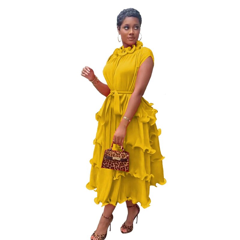 African Pleated Swing Dress - Manufacturer - Ear-trimmed High Waist European American New Full