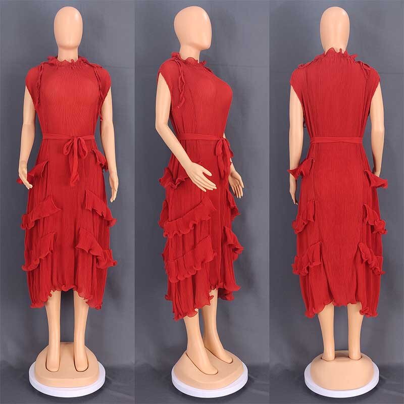 African Pleated Swing Dress - Manufacturer - Ear-trimmed High Waist European American New Full