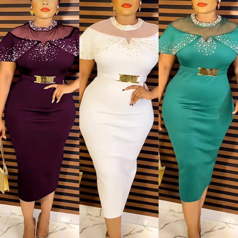 African Pearl Mesh Dress - Manufacturer - 2024 Luxury Summer Sexy Bodycon Gown Plus Size