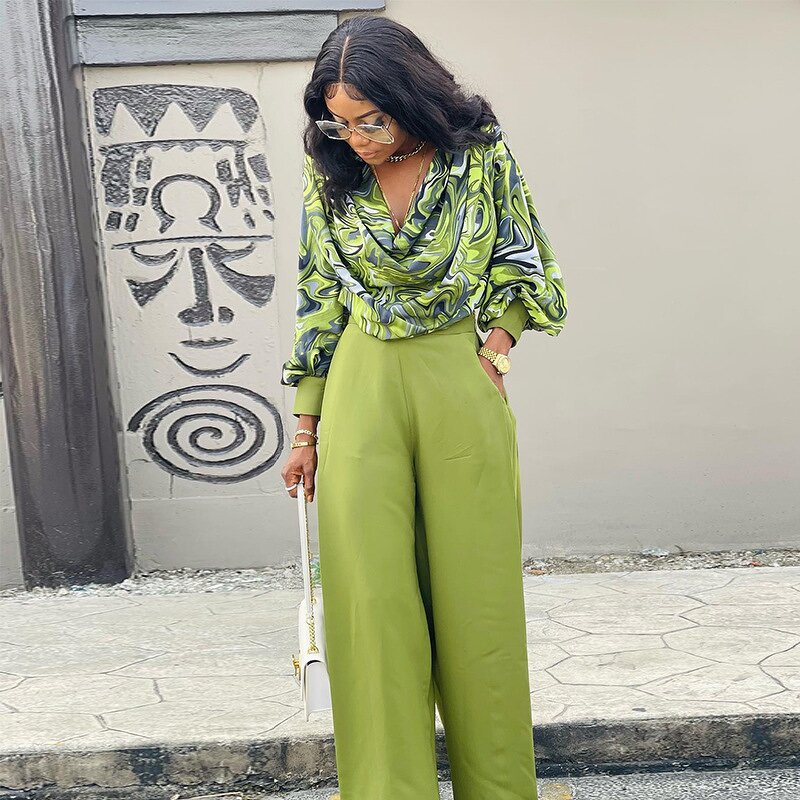 Printed Lantern Sleeve Suit - Manufacturer - 2024 Spring European American Wide Leg Trousers