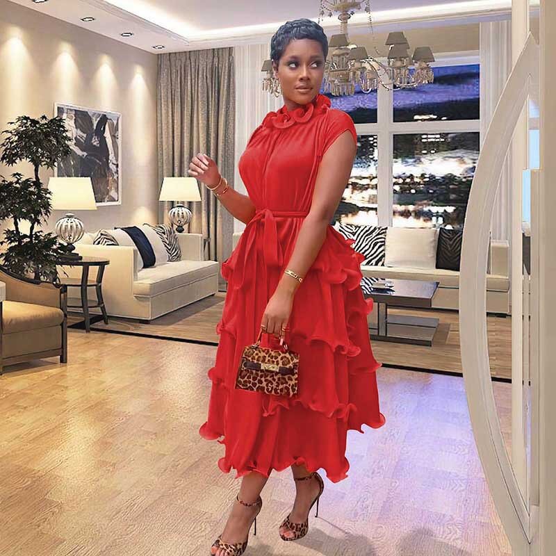 African Pleated Swing Dress - Manufacturer - Ear-trimmed High Waist European American New Full