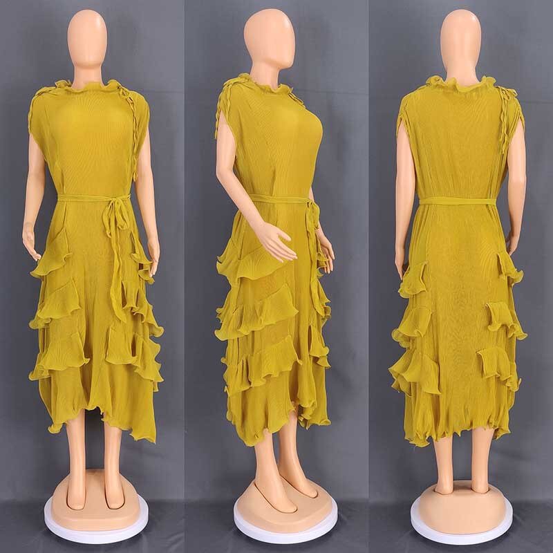 African Pleated Swing Dress - Manufacturer - Ear-trimmed High Waist European American New Full