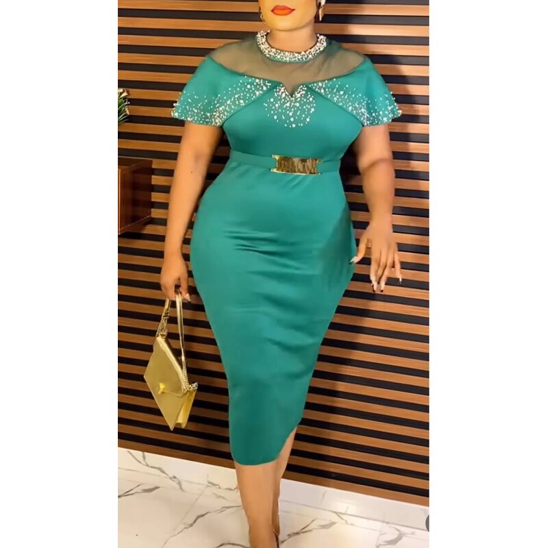 African Pearl Mesh Dress - Manufacturer - 2024 Luxury Summer Sexy Bodycon Gown Plus Size