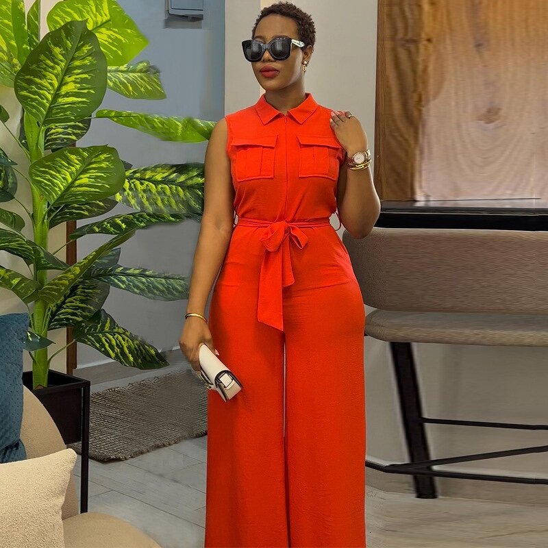Sleeveless Wide Leg Jumpsuit - Manufacturer - 2024 Summer Lapel Pocket Waist Loose Cross-border