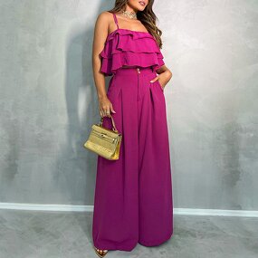 Ruffle Camisole Pants Suit - Manufacturer - European American 2024 Casual Wide Leg Trousers