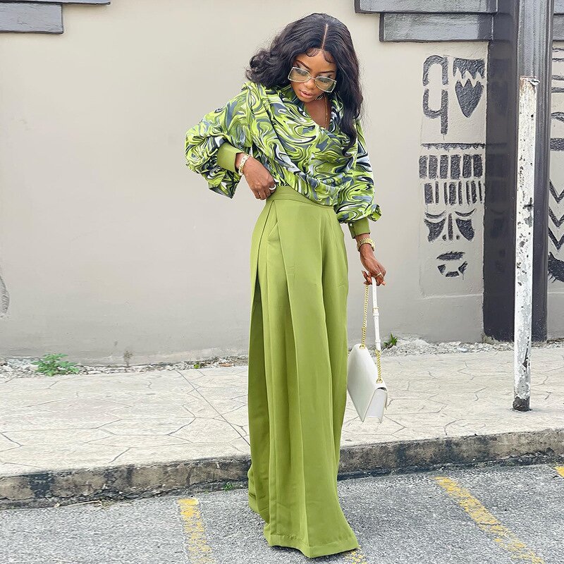 Printed Lantern Sleeve Suit - Manufacturer - 2024 Spring European American Wide Leg Trousers