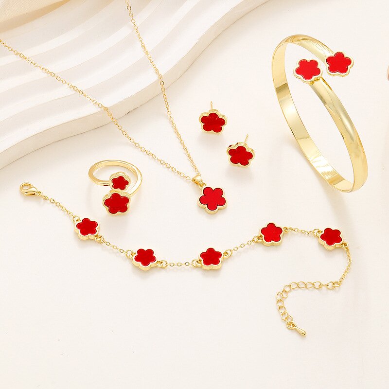 Clover Jewelry Set - Manufacturer - Vintage Gold-Plated Alloy Acrylic Bracelet Necklace Ring Earrings