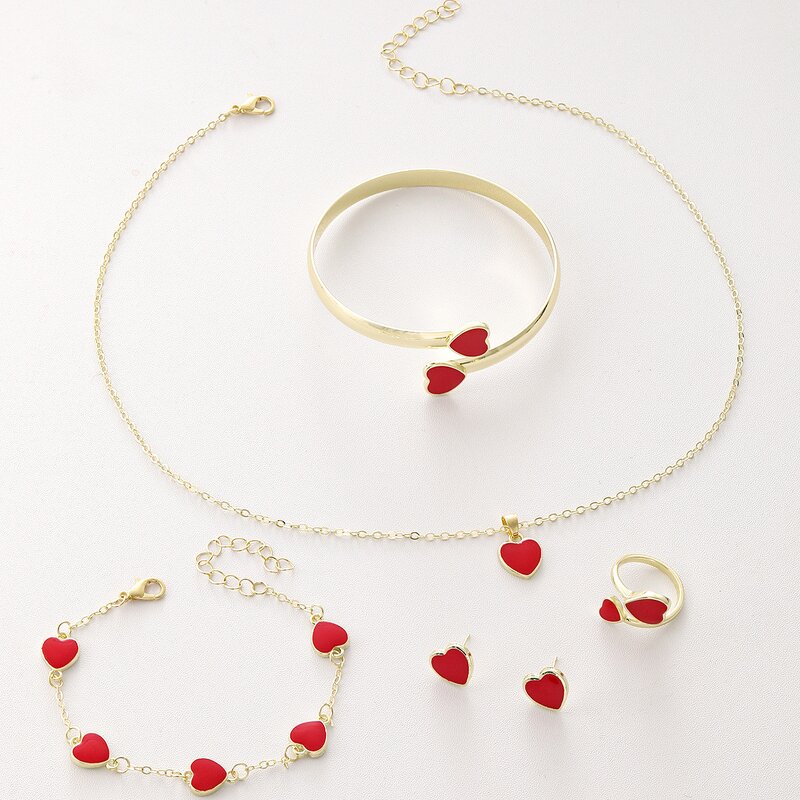 Double Heart Jewelry Set - Manufacturer - Gold Plated Alloy Earrings Necklace Bracelet Punk Wedding