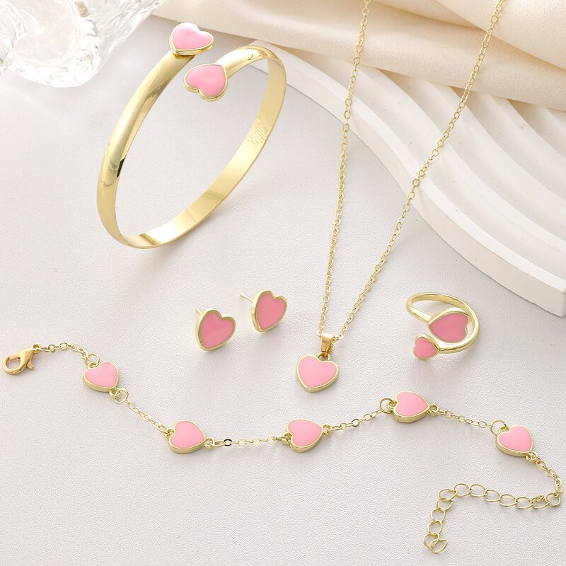 Double Heart Jewelry Set - Manufacturer - Gold Plated Alloy Earrings Necklace Bracelet Punk Wedding