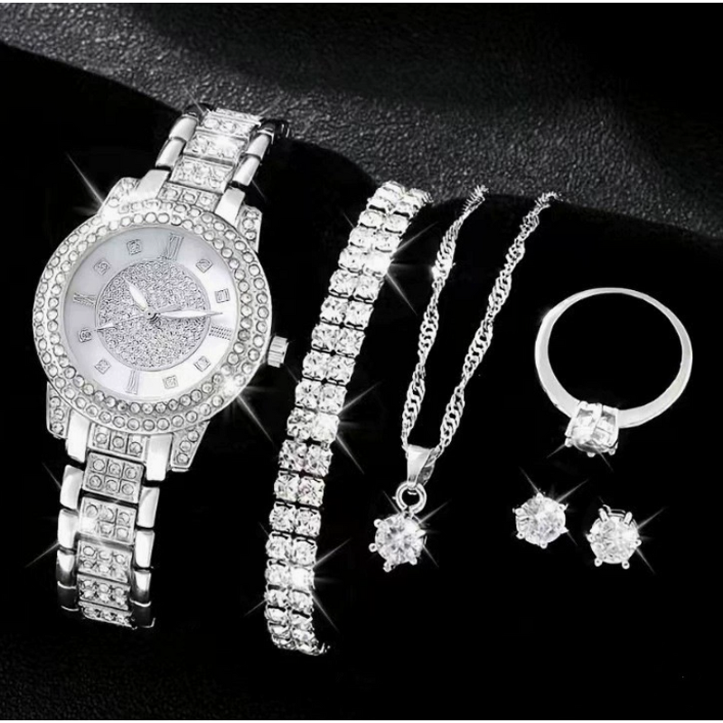 Rose Alloy Jewelry Set - Manufacturer - Women's Trendy Hip Hop Bling Rhinestone Necklace Watch Stylish